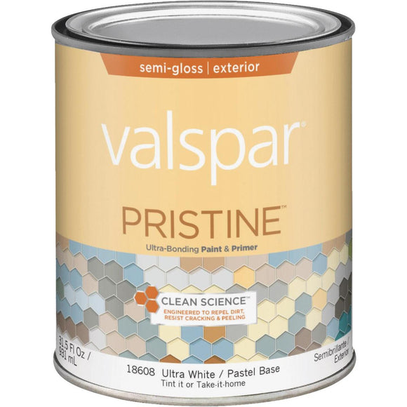 Valspar Pristine 100% Acrylic Paint & Primer Semi-Gloss Exterior House Paint, Ultra White/Pastel Base, 1 Qt.