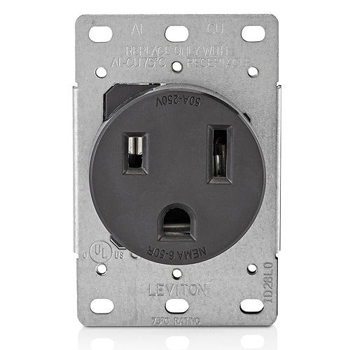 Leviton 50 Amp, 250 Volt, 2P, 3W, Flush Mtg Receptacle, Straight Blade, Industrial Grade, Grounding